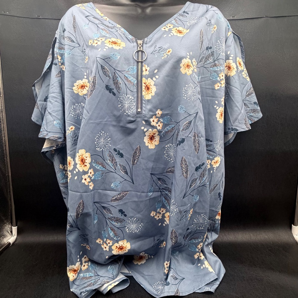 BloomChic Women Plus Size 22-24‎ Blue Floral Half Zip Split Sleeve Blouse NWT